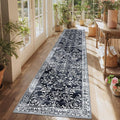 Yamaziot Washable Runner Rug 2x10 – Non Slip Boho Floral Hallway Runner Rug with Rubber Backing, Low Pile Faux Wool Distressed Carpet for Kitchen, Laundry, Bedroom, Entrance, Navy/Black
