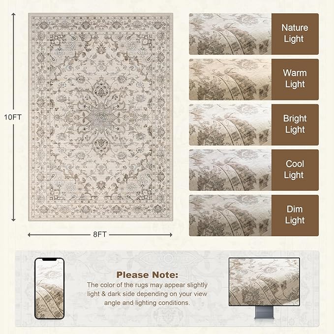 8x10 Area Rugs for Living Room: Washable Rug Soft Vintage Distressed Floral Carpet Indoor Floor Non-Slip Stain Resistant Large Carpets for Bedroom Dining Room Farmhouse Nursery Home Office Brown Beige
