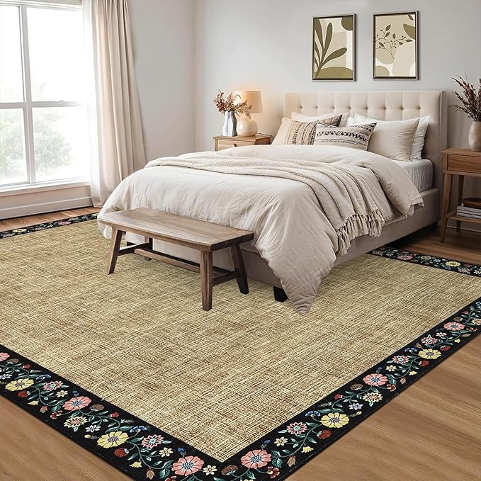 GarveeHome Washable Living Room Rug 9x12 Floral Bordered Area Rugs Soft Thin Indoor Carpet for Bedroom Modern Throw Aesthetic Mat Non Slip Stain Resistant Carpet for Dining Room Office, Yellow