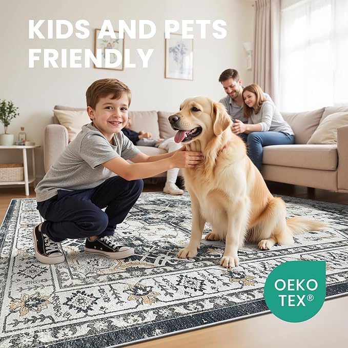 zesthome 5x7 Area Rugs, Machine Washable Rugs for Living Room, Bedroom,Stain Resistant Vintage Large Area Rug,Non-Slip Medallion Pattern Home Decor Rugs (Black,5'x7')