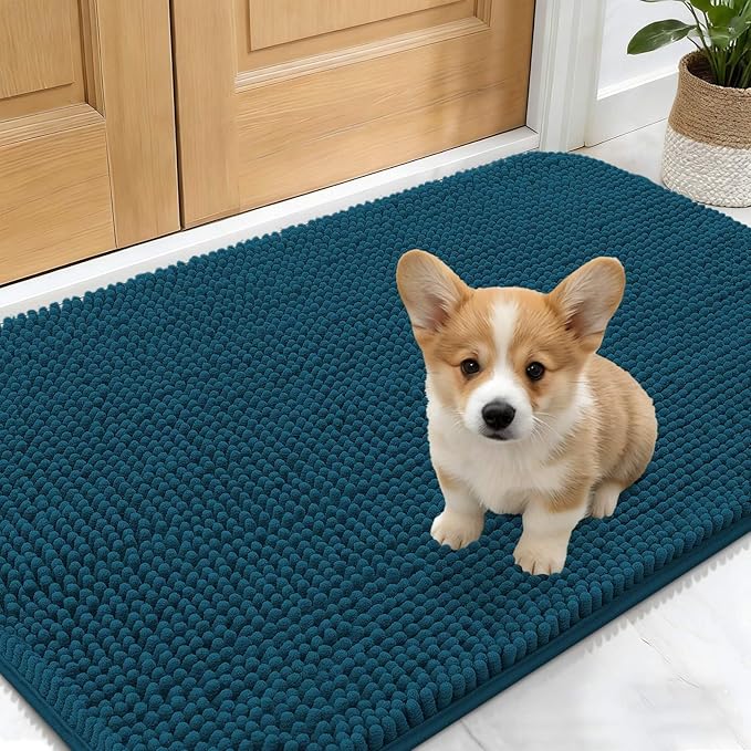 OLANLY Dog Door Mat for Muddy Paws 30x17, Absorbs Moisture and Dirt, Absorbent Non-Slip Washable Doormat, Quick Dry Chenille Mud Mat, Entry Indoor Entryway Carpet for Inside Floor, Atlantic Blue