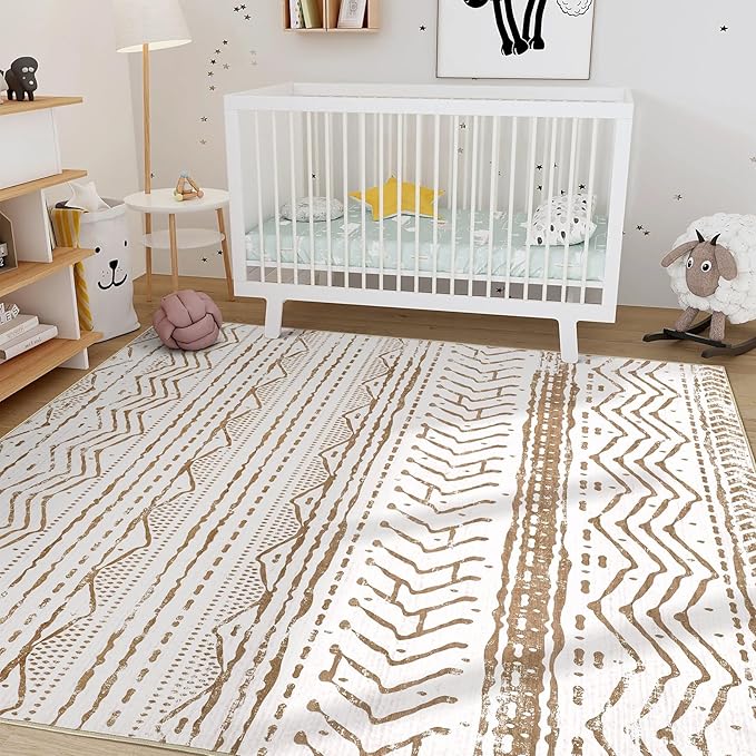 Nakagishi 6x9 Area Rugs Living Room: Washable Boho Large Neutral Soft Farmhouse Rug Stain Resistant Modern Indoor Floor Non-Slip Carpet for Bedroom Nursery Playroom Office Dining Dorm- White Brown