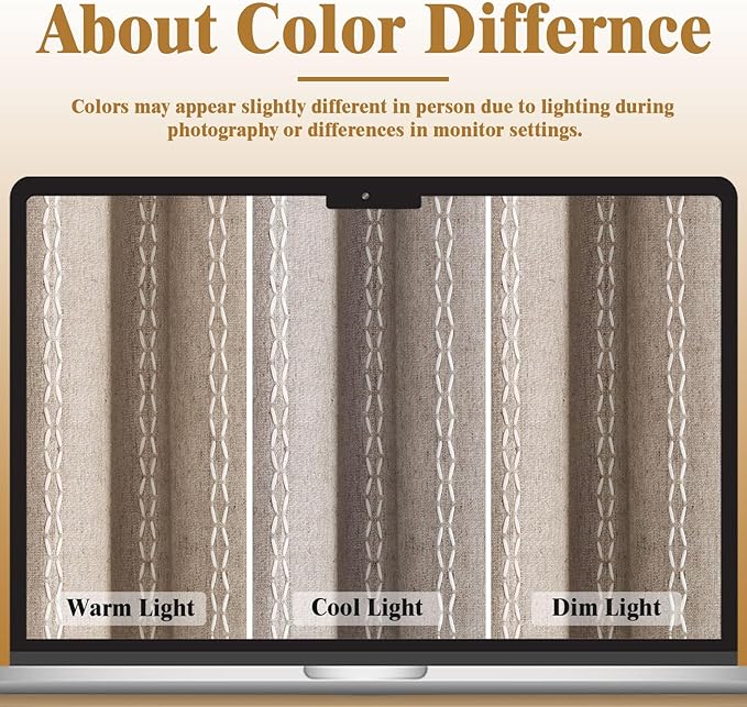 Brown Boho Blackout Curtains 2 Panels 84 Inch for Living Room Bedroom, Warm Taupe Linen Texture Farmhouse Curtains with Tassels and White Cotton Embroidery Vintage Rustic Country Western