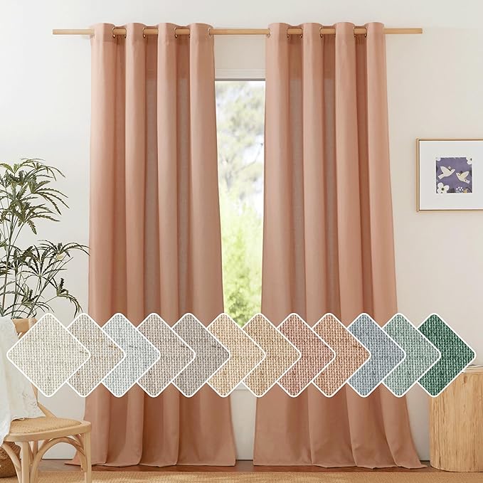 NICETOWN Terracotta Linen Curtains for Girls Room, Grommet Privacy Added Thick Flax Linen Burlap Semi Sheer Light Filtering Window Treatments for Living Room, W55 x L90, 2 Panels