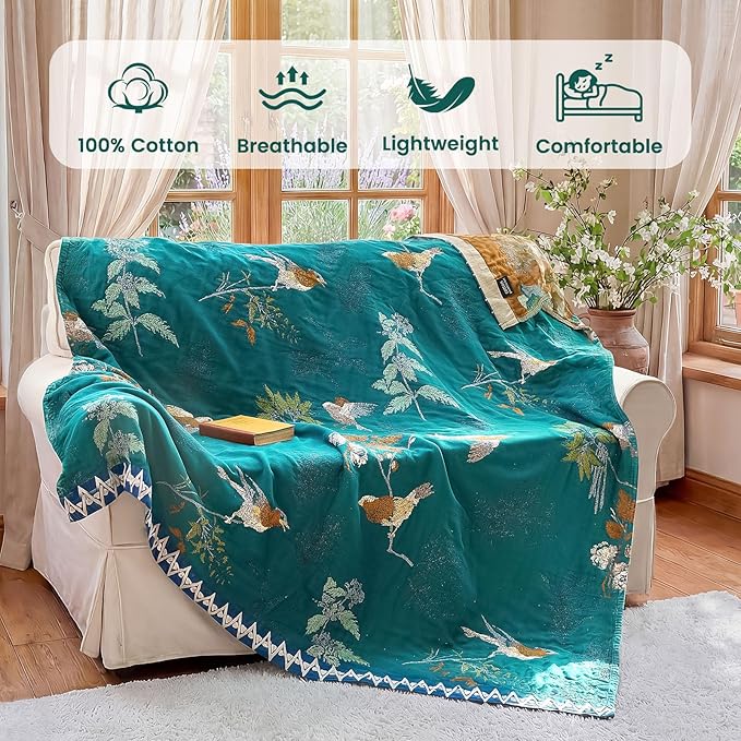 MSGKV The Boho Layer: 50"x60" Cotton Throw Blanket – Lightweight & Reversible Aviary Botanical Pattern, Decorative Accent for Couch Snuggles, Bed Layers & Road Trips