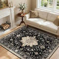 Area Rugs 4'x6' Washable Non-Slip, Floral Vintage Distress Print Pattern Medallion Carpet for Living Room Bedroom Dining Room, Black Brown Neutral Dark Tan