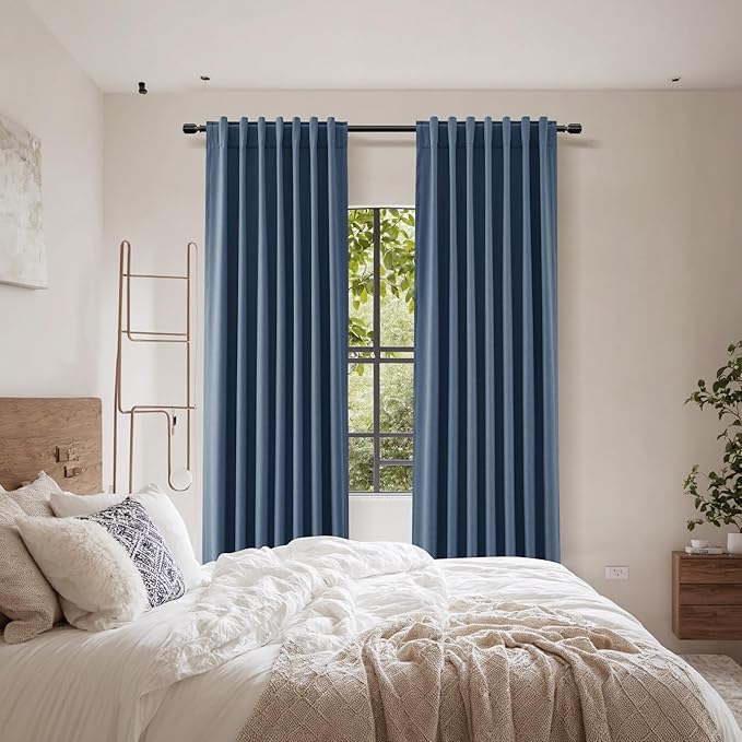 Guken 100% Blackout Curtains 84 Inch Length 2 Panels Set for Living Room Bedroom Back Tab Thermal Insulated Black Out Linen Drapes Room Darkening Window Curtains 84 Inches Long,Denim Blue