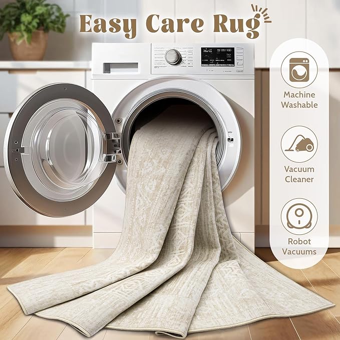 2x8 Washable Runner Rug: Moroccan Geometric Boho Rug Farmhouse Non Slip Stain Resistant Rugs Low Pile Soft Carpet for Porch Kitchen Laundry Room Living Room Bedroom (Ivory Beige,2'x8')