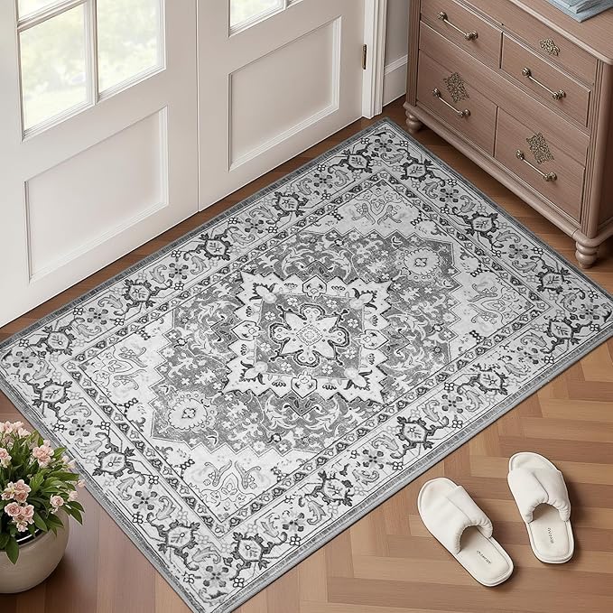 Lofus 2x3 Washable Rug for Entryway Bathroom, Non Slip Kitchen Mats for Floor, Vintage Soft Door Mat Indoor Entrance, Small Area Rugs, Farmhouse Carpet for Entry Living Room Bedroom, Floral Grey