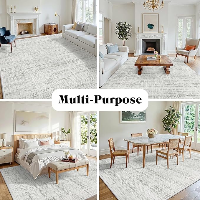 10x14 Area Rugs for Living Room Washable Rug: Anti-Skid Abstract Modern Living Room Rug Soft Thin Carpets Indoor Floor Non-Shedding Carpet for Bedroom Dining Farmhouse Nursery Home Office White Gray
