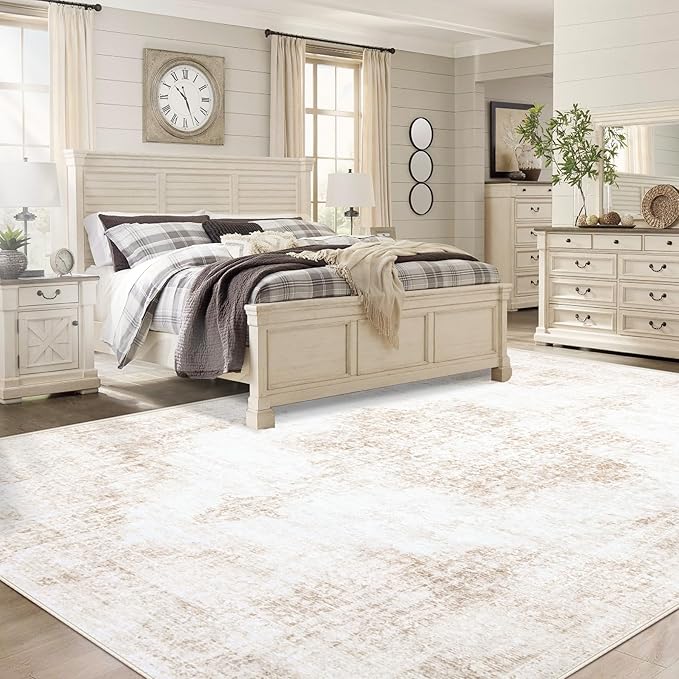 Area Rug 9x12 Vintage Rugs: Large Washable Living Room Rug Retro Medallion Distressed Soft Low Pile Non-Slip Rugs Indoor Floor Carpet for Bedroom Dining Table Office (Beige,9'x12')