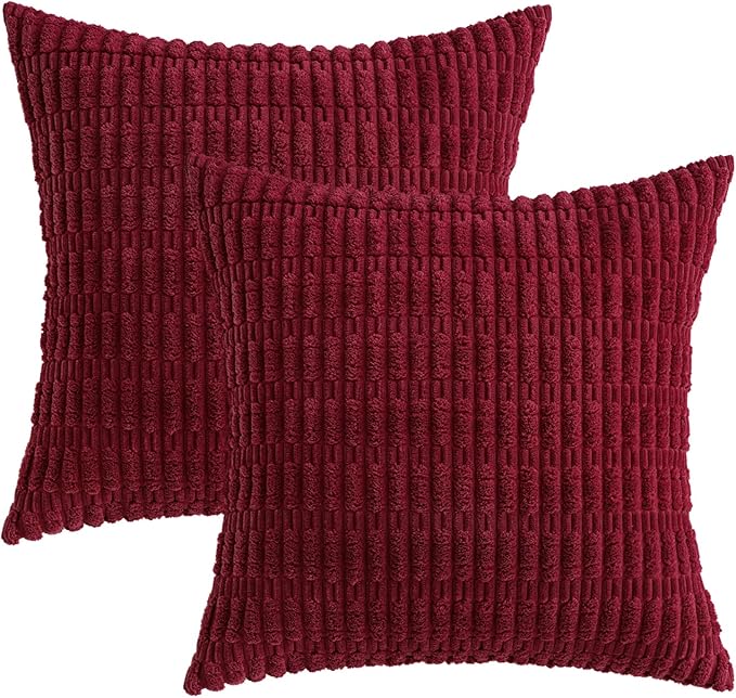 MIULEE Pack of 2 Burgundy Corduroy Decorative Pillow Covers 18x18 Inch Soft Boho Striped Throw Pillow Covers Modern Farmhouse Home Decor for Sofa Living Room Couch Bed