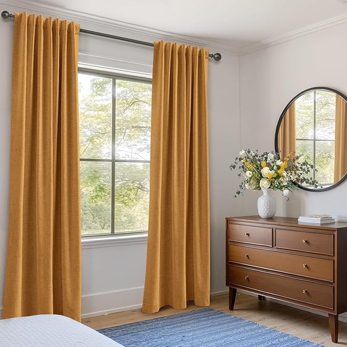 100% Blackout Shield Linen Blackout Curtains for Bedroom 102 Inches Long,Back Tab/Rod Pocket Living Room Drapes,Thermal Insulated Textured Blackout Curtains 2 Panels Set,50" W x 102" L,Mustard Yellow