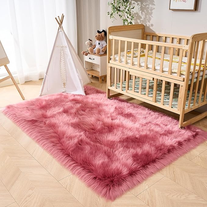 EasyJoy Ultra Soft Fluffy Shaggy Area Rug Faux Fur Rug Chair Cover Seat Pad Fuzzy Area Rug for Bedroom Floor Sofa Living Room (4 x 6 ft Rectangle, BlushPink)