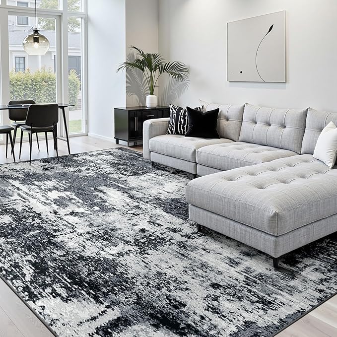 Washable Area Rugs 6'x8' Non-Slip Modern Abstract Soft for Living Room Entryway Bedroom Nursery, Print Pattern, Black Navy Blue Gray