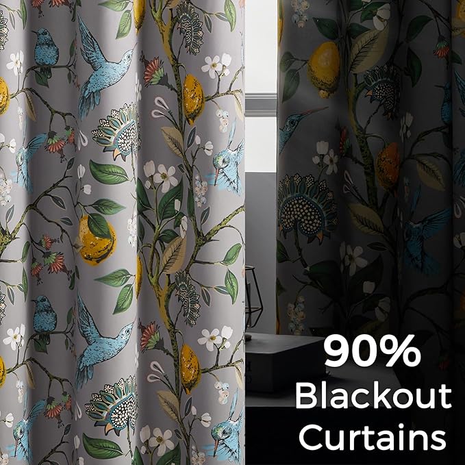 Topfinel 90 Inches Long Curtains, Gray and Yellow Moody Country Anthropologie Cabin Blackout Sun Block Floral Hummingbird Plant Lemon Patterned Grommet Damask Drapes Two Pages for Living Room Office