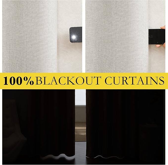 NICETOWN Linen Blackout Curtains for Kitchen, Ivory, 2 Panels, 42" Wide x 63" Long, Short Kitchen Burlap Linen 100% Blackout Drape Panels for Night Shift, Great Job for Blocking Light