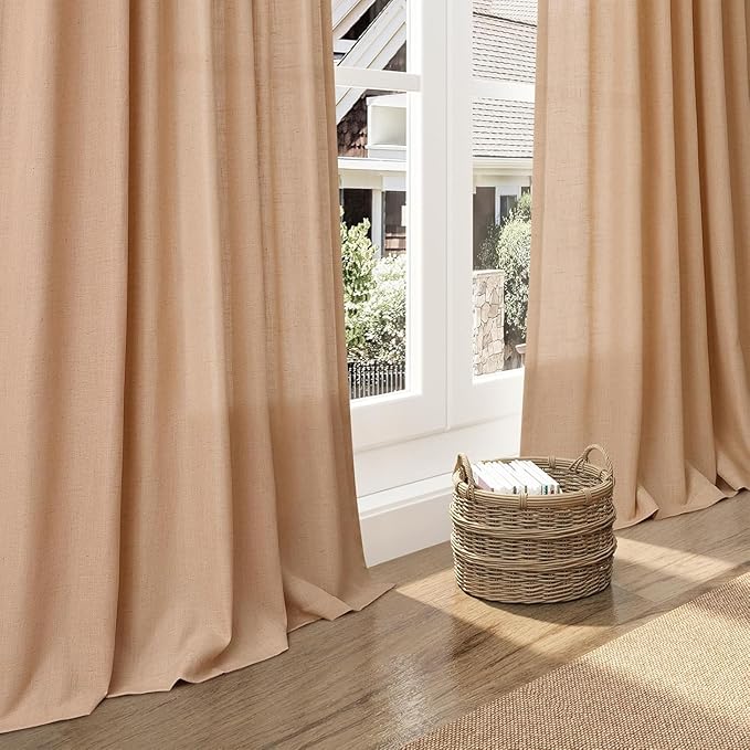 Nanspring Camel Linen Curtains for Living Room Extra Long 126 Inches Long Back Tab Light Filtering Semi Sheer Curtain Vintage Rustic Decor Floor to Ceiling High Window for Bedroom 52x126, 2 Panels