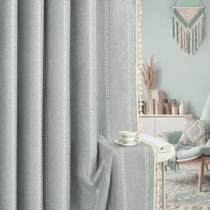 Teal Boho Blackout Curtains 96 Inches Long Light Green Linen Blend 2 Panels with Tassels and Cotton Embroidery, Farmhouse Vintage Rustic Rod Pocket Drapes for Living Room or Bedroom