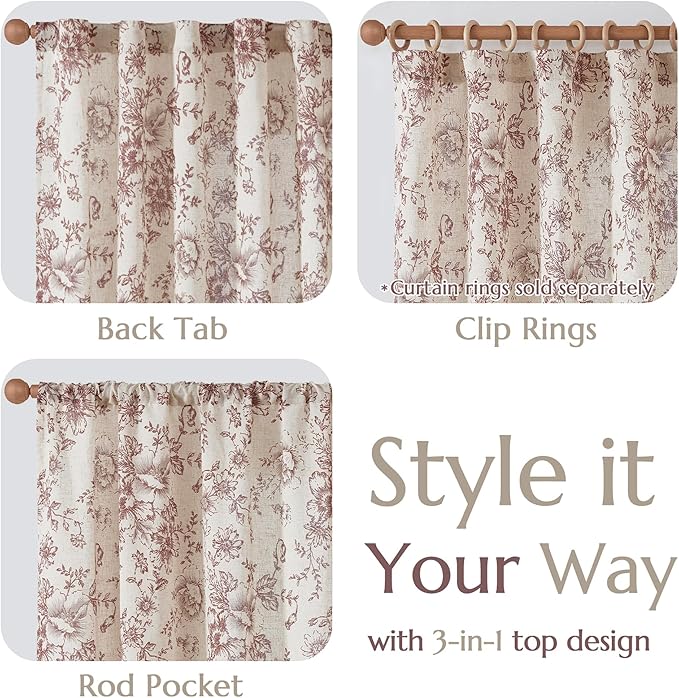 jinchan Linen Blend Curtain Floral Curtains for Living Room 45 Inch Length Farmhouse Brick Red Printed Curtain Rod Pocket Back Tab Peony Flower Patterned Drapes Curtains Set 2 Panels