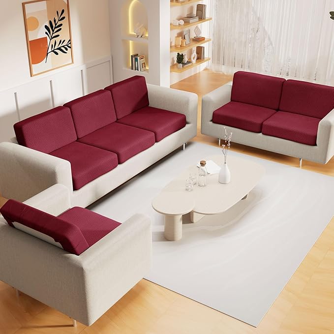 hyha Waterproof Sectional Couch Covers, Non Slip Sofa Couch Cushion Covers L Shape, Thick Stretch Jacquard Fabric, Washable Sofa Slipcovers with Elastic Bottom (1 Piece for Chaise XL, Wine Red)