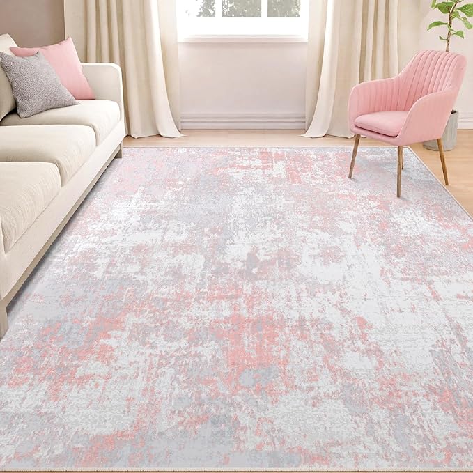 Washable Area Rugs Square 7ft Non-Slip Modern Abstract Soft for Living Room Entryway Bedroom Nursery, Print Pattern, Grey Pink