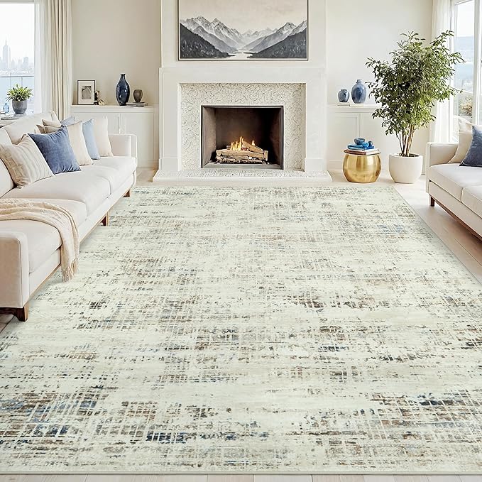 8x10 Area Rugs for Living Room Washable Rug: Anti-Skid Abstract Modern Living Room Rug Soft Thin Carpets Indoor Floor Non-Shedding Carpet for Bedroom Dining Farmhouse Nursery Gray White Blue