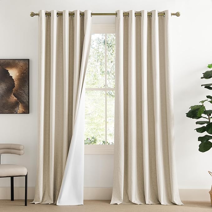 NICETOWN 100% Absolutely Blackout Linen Curtains with Thermal Insulated White Liner, Beige, W62, 2 Pieces, Noise Reducing Textured Linen Look Curtains for Windows 90 inch Length for Classroom