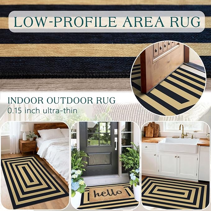 Modern Outdoor Rug - 28" x 43" Front Door Mat Indoor Outside Entrance Non-Slip Washable Outdoor Mat Black Tan Geometric Rug for Entryway Kitchen Bedroom Layered Doormat for Front Porch