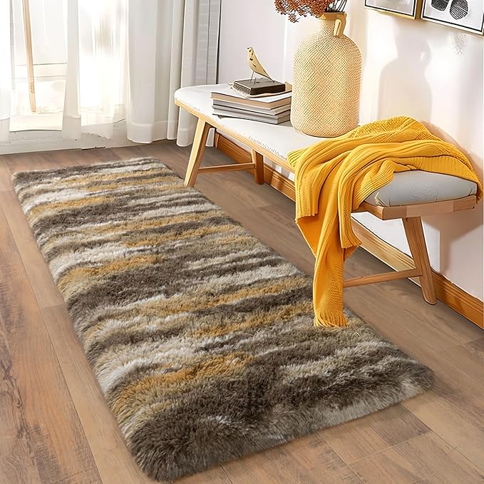 Soft Runner Rugs for Bedroom Hallways, 2x5 Abstract Brown Fluffy Shag Throw Area Rug Non Slip for Bedside Dorm, Long Shaggy Furry Carpet for Nursery Living Room