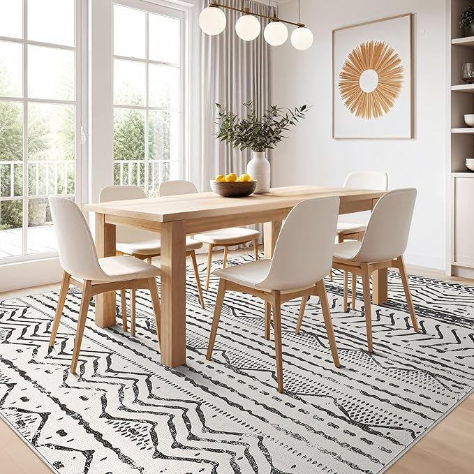 Nakagishi Black Rug for Living Room: 8x10 Washable Boho Large Neutral Soft Farmhouse Area Rugs Stain Resistant Modern Geometric Non-Slip Indoor Floor Carpet for Bedroom Playroom Office Dining Room