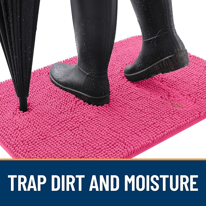 OLANLY Dog Door Mat for Muddy Paws 44x24, Absorbs Moisture and Dirt, Absorbent Non-Slip Washable Doormat, Quick Dry Chenille Mud Mat for Dogs, Entry Indoor Entryway Carpet for Inside Floor, Hot Pink