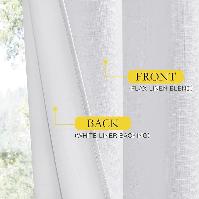 NICETOWN 100% Absolutely Blackout Linen Curtains with Thermal Insulated White Liner, White, 52 inches Wide, 120 inches Length Energy Saving Curtains for Living Room 2 Panels Set, Vertical Blinds