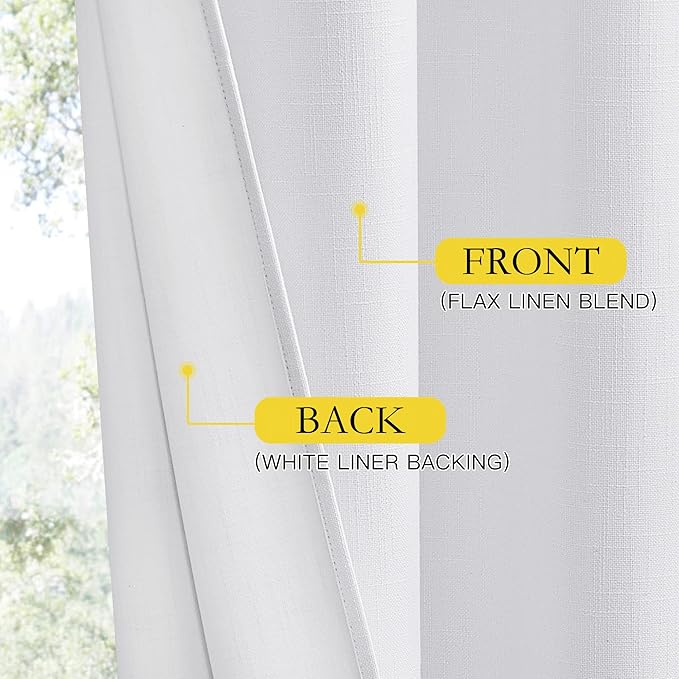 NICETOWN 100% Absolutely Blackout Linen Curtains with Thermal Insulated White Liner, White, 34 inches Wide, 70 inches Length Energy Saving Curtains for Living Room 2 Panels Set, Vertical Blinds