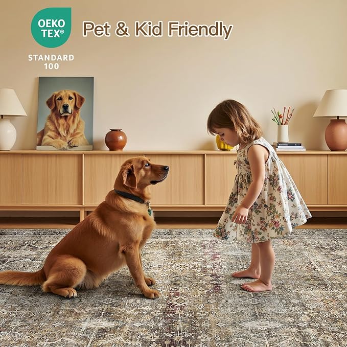Lofus 9x12 Area Rug for Living Room,Brown Washable Large Rugs with Non-Slip Backing,Soft Neutral Carpets for Bedroom Dining Room Home Office Indoor Nursery