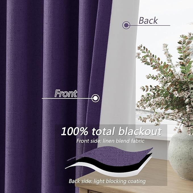 Guken 100% Blackout Curtains 90 Inch Length 2 Panels Set for Living Room Bedroom Back Tab Thermal Insulated Black Out Linen Drapes Room Darkening New Purple,52x90