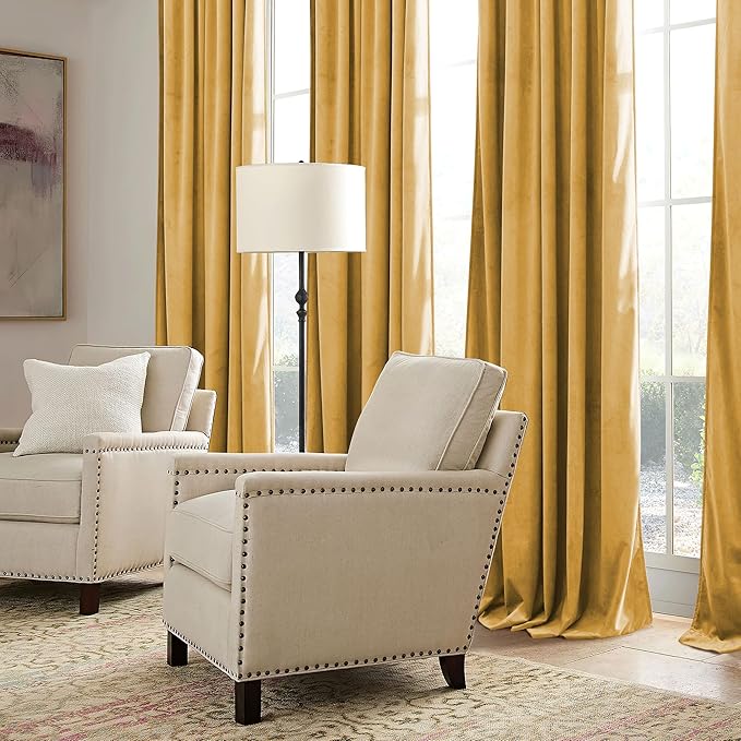 RYB HOME Mustard Yellow Velvet Curtains 96 inches, Back Tab Soft Fabric Room Darkening Thermal Insulated Luxurious Home Decor Curtains for Living Room Bedroom, W 52" x L 96", 2 Panels Set