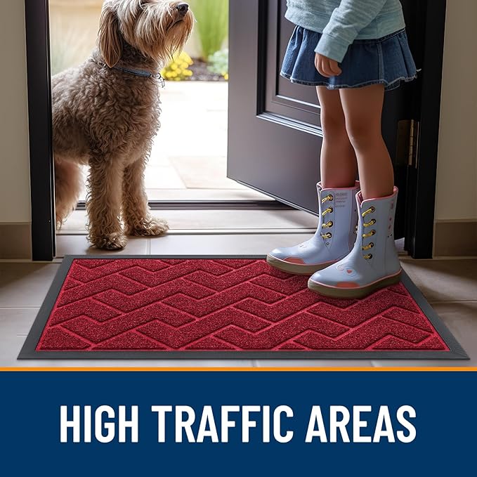OLANLY Front Door Mat Indoor Outdoor Entrance, Waterproof All-Season, All-Weather Doormat, Sturdy Natural Rubber, Easy Clean Patio Porch Entryway Mat, Herringbone Brick (Wine Red, 29.5x17)