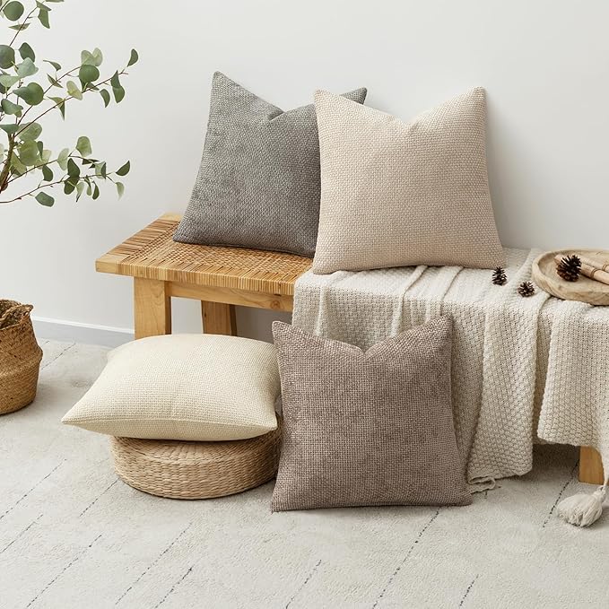 MIULEE Pack of 4 Couch Throw Pillow Covers 16x16 Inch Neutral Beige/Brown Soft Decorative Chenille Pillow Covers Farmhouse Accent Cushion Covers for Boho Spring Home Decor Sofa Bedroom Living Room