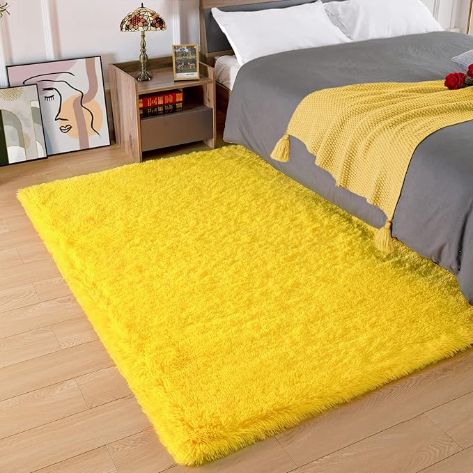 Amearea Premium Soft Fluffy Rug Modern Shag Carpet, 9x12 Feet, Fuzzy Shaggy Rugs for Bedroom Living Room Teen Apartment Decor, Comfortable Indoor Furry Dorm Carpets, Yellow