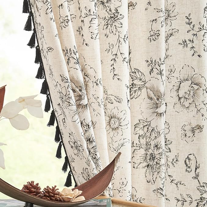 jinchan Linen Blend Curtain Floral Curtains for Living Room 63 Inch Length Printed Curtains with Tassels Rod Pocket Farmhouse Rustic Peony Flower Patterned Drapes Bedroom Window Curtains Set 2 Panels