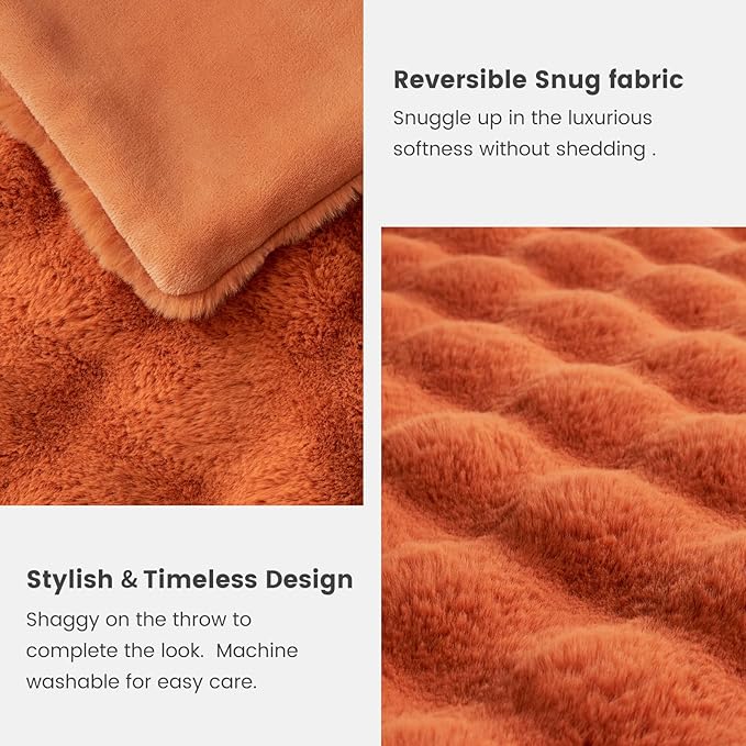 Cozy Bliss Faux Fur Throw Blanket for Bed King Size, Bubble Plush Blanket, Fuzzy Soft & Thick Blanket for Fall Bed Sofa Living Room, 108x90 Inches Halloween Burnt Orange