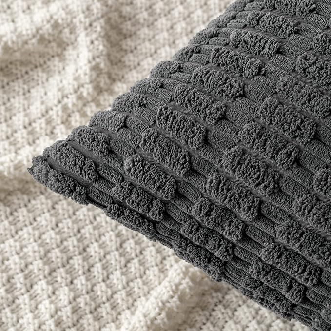 MIULEE Pack of 2 Corduroy Decorative Throw Pillow Covers 16x16 Inch Soft Boho Striped Pillow Covers Modern Farmhouse Home Decor for Sofa Living Room Couch Bed Dark Grey