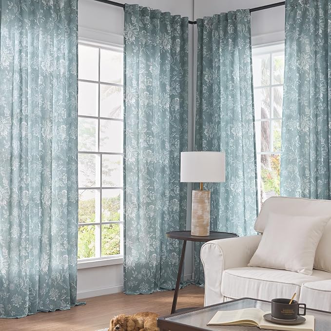 jinchan Linen Floral Curtains for Living Room, 96 Inch Length Curtains with Printed Flower Light Filtering Curtain, Rod Pocket Back Tab Blue Window Treatment Set Bedroom Curtain, 2 Panels Blue