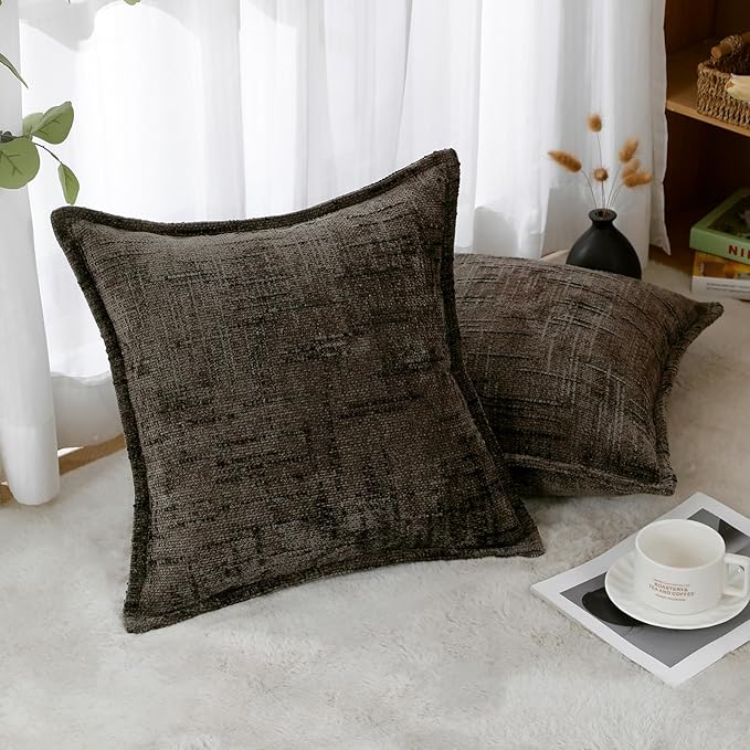 HPUK Fall Chenille Soft Throw Pillow Covers 18x18 Set of 2, Accent Cushion Covers for Living Room, Bedroom, Decorative Solid Color Pillow Covers for Couch, Sofa, Chair, Charcoal