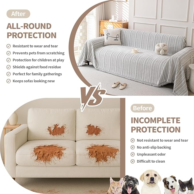Boho Chenille Couch Cover for Dogs, Non Slip Sofa Cover, Couch Slipcover Covers for 3 Cushion, Furniture Protector with Tassels for Pets Washable, 71"x118", Fishbone Grey