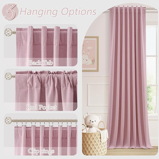 Guken 100% Blackout Curtains 84 Inch Length 2 Panels Set for Living Room Bedroom Back Tab Thermal Insulated Black Out Linen Drapes Room Darkening Rose,52x84