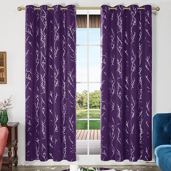 Deconovo Blackout Curtains, Purple Curtain, Thermal Insulated Soundproof Grommet Drapes, Silver Tree Foil Print, 52 x 95 Inch, 2 Panels, Machine Washable Window Panel for Living Room Bedroom Office