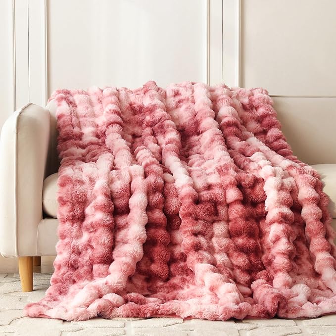 COOVA Faux Fur Throw Blanket for Couch, Cozy Soft and Fuzzy Plush Rabbit Fur Bubble Blanket for Sofa Bedroom Living Room, 50x60 Inches Tie Dye Magenta
