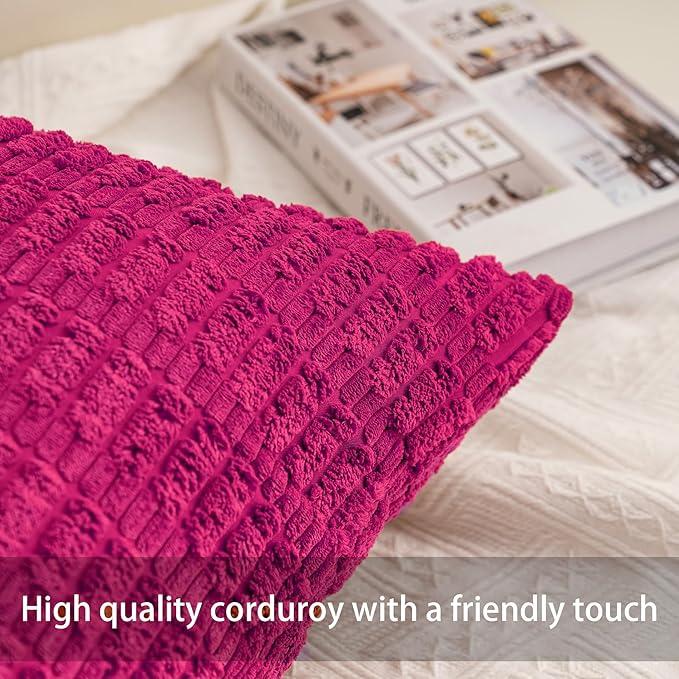 Pack of 2 Corduroy Decorative Throw Pillow Covers 12x24 Inch Soft Striped Pillow Covers Modern Farmhouse Home Decor for Sofa Living Room Couch Bed（Rose Red）